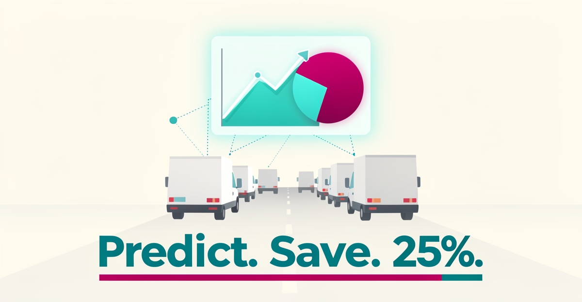 Flat illustration of a fleet of trucks beneath a glowing AI fuel-spend forecast chart in teal and magenta with headline Predict, Save, 25 percent.
