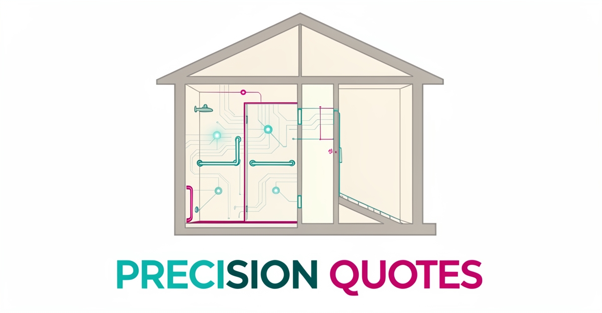 Flat illustration of an accessible smart home with AI-driven digital measurement lines, titled Precision Quotes for aging-in-place remodeling.
