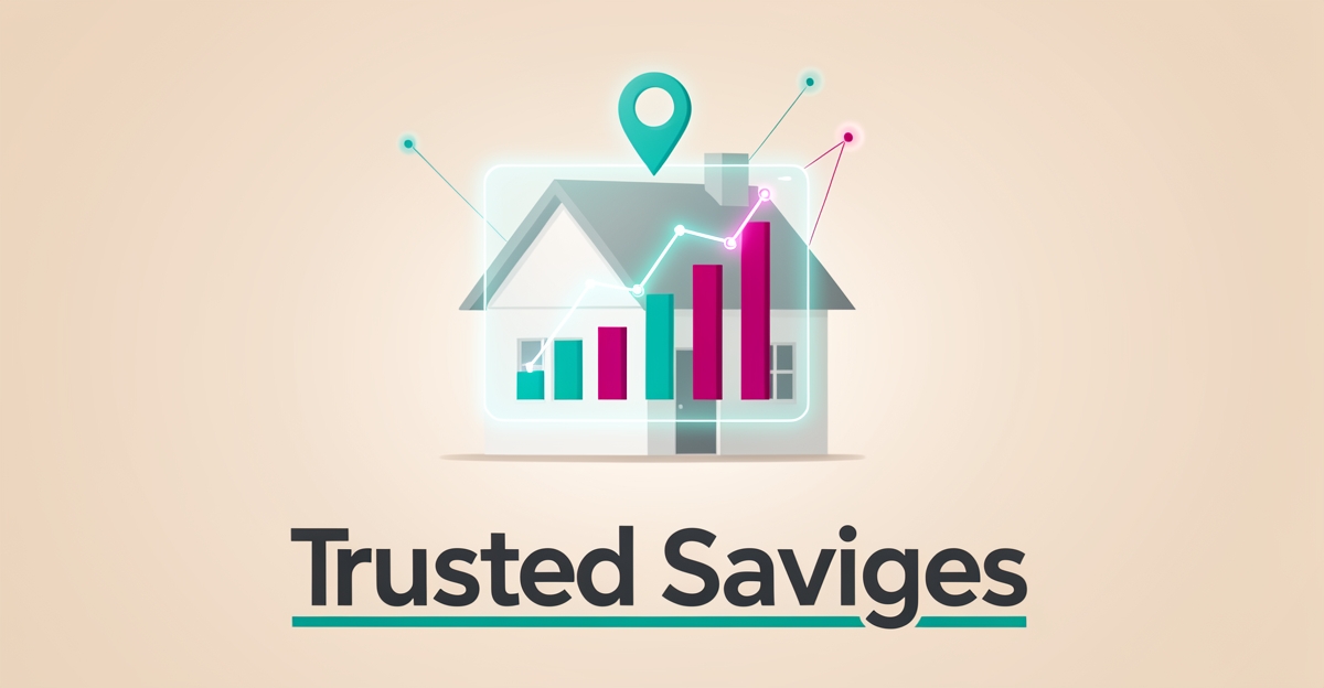 Flat illustration of a house with a glowing AI energy dashboard and location pin showing local heating savings, accented in teal and magenta.