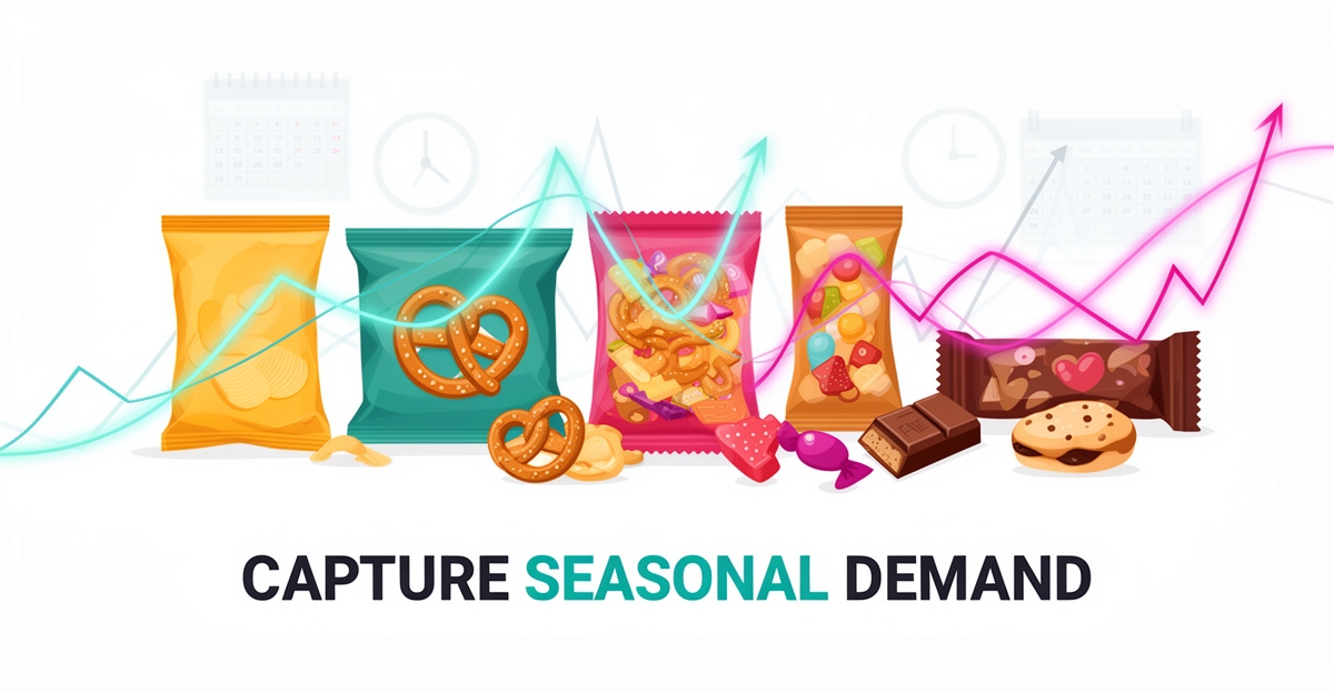 Flat illustration of snacks with AI data streams in teal and magenta, headline reading Capture Seasonal Demand.