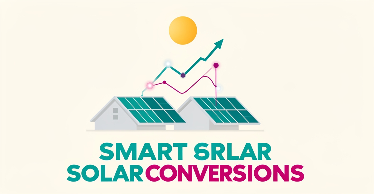 Flat illustration of solar panels with AI data tracking graphics in teal and magenta, headline reading Smarter Solar Conversions.