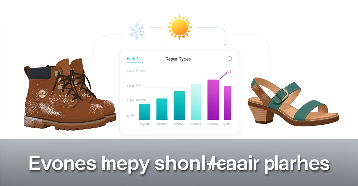 A clean flat illustration showing seasonal shoe repair trends visualized via winter boots and summer sandals linked to a minimalist AI dashboard, with brand-colored accents and a headline overlay.