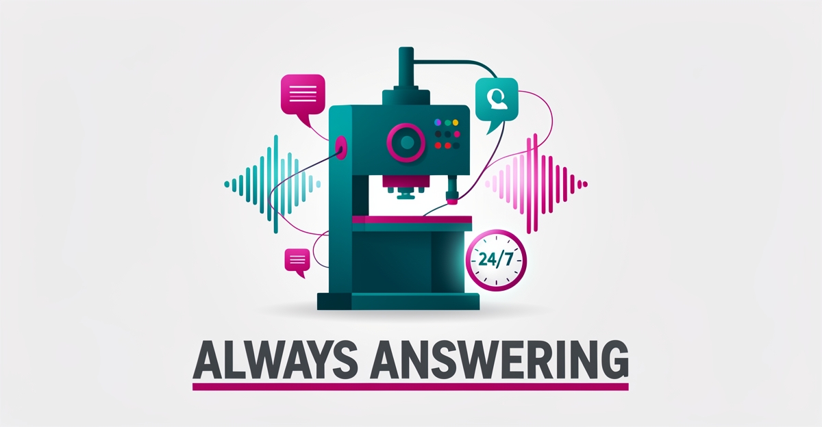 Flat illustration of a metal stamping press with sound waves and a 24/7 clock symbolizing AI voice automation, headline Always Answering.