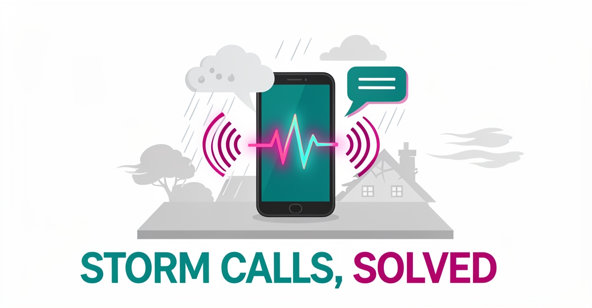 Flat illustration of a smartphone with glowing voice waveform answering calls amid stylized storm rain and hail, in teal and magenta brand accents.