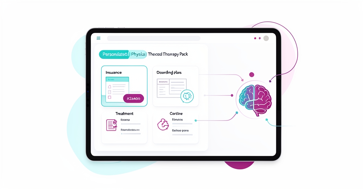 Modern flat illustration of an AI-generated physical therapy onboarding pack on a tablet, with branded color accents and abstract data flow connections, designed for a business website