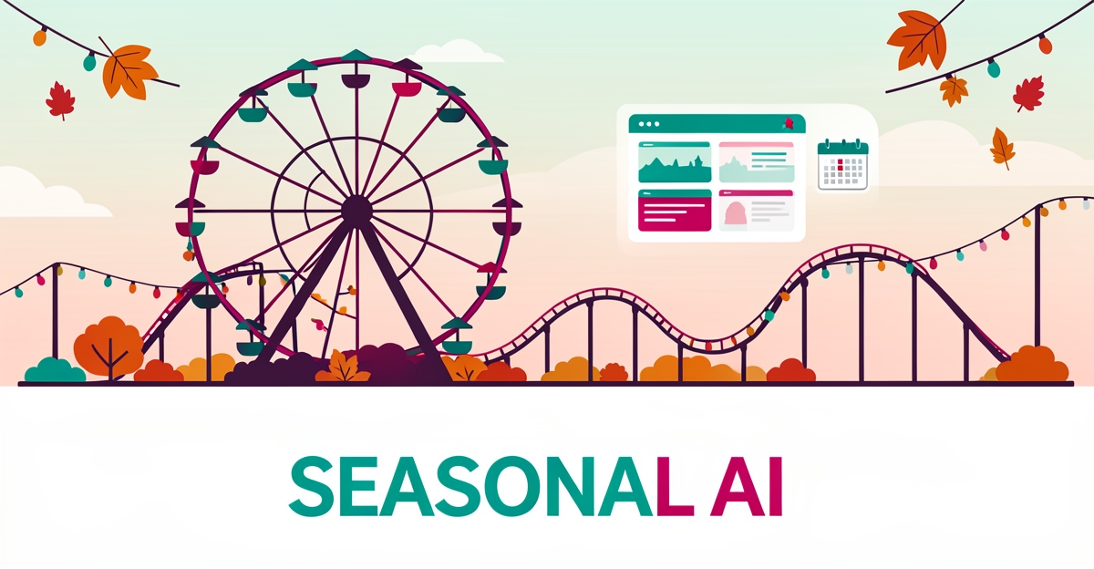 Flat illustration of an amusement park with Ferris wheel and roller coaster styled for the season, accented with teal and magenta AI content motifs.