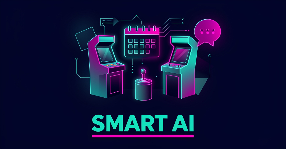 Flat illustration of arcade cabinets, a calendar, and chat icons connected by glowing teal and magenta lines with the headline Smart AI.