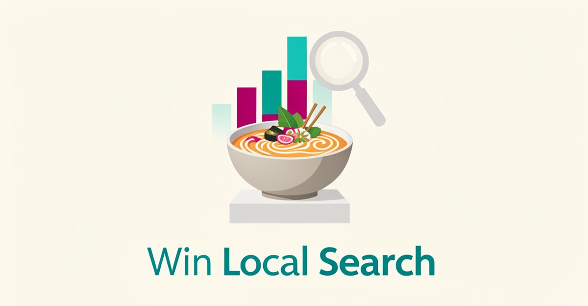 Flat illustration of an Asian fusion dish with rising search ranking graphics, symbolizing AI-driven local search success for restaurants.