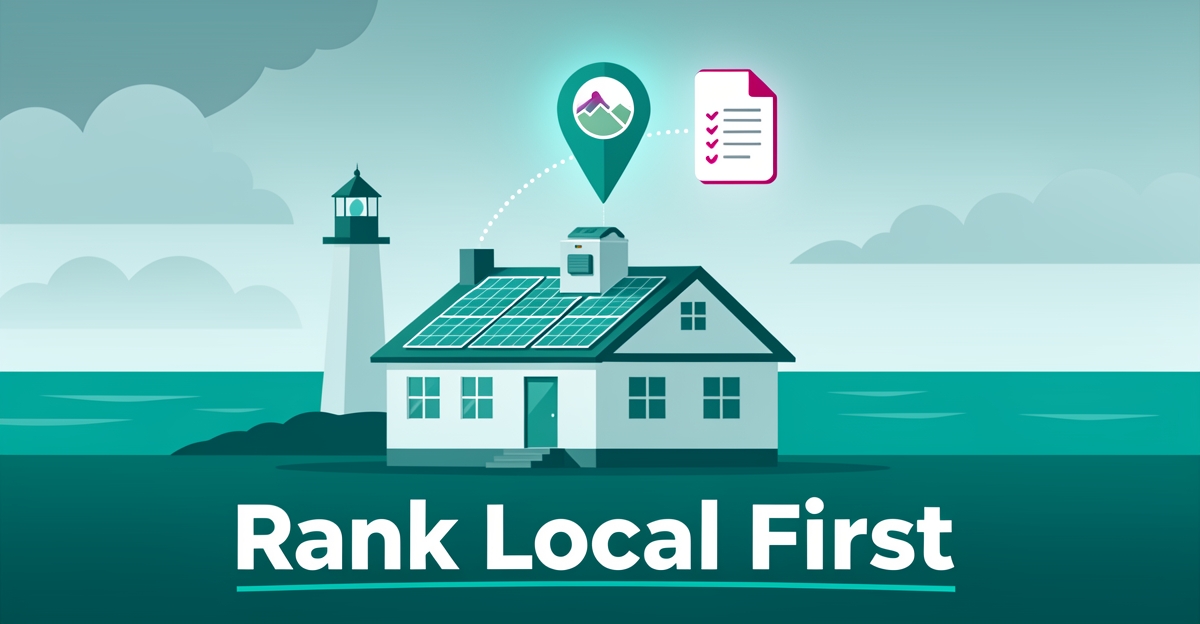 Flat illustration of a coastal home with solar panels, battery storage, and a search map pin, symbolizing local SEO for Atlantic Canada battery installers.