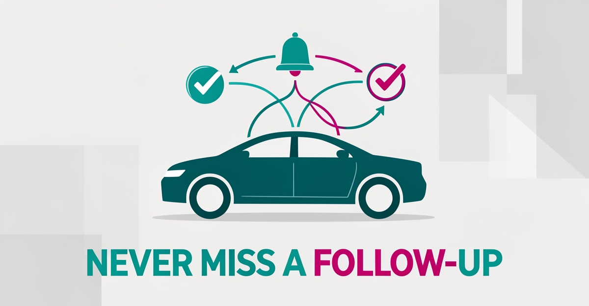 Flat illustration of a car in a repair bay with automated notification icons, symbolizing streamlined lead follow-up for auto body shops.