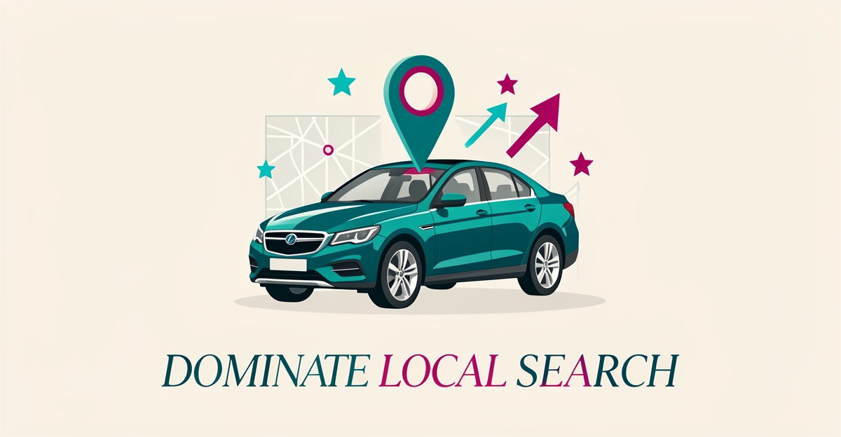 Flat illustration of a polished car beneath a map pin with ranking stars and arrows, accented in teal and magenta, symbolizing local search dominance.
