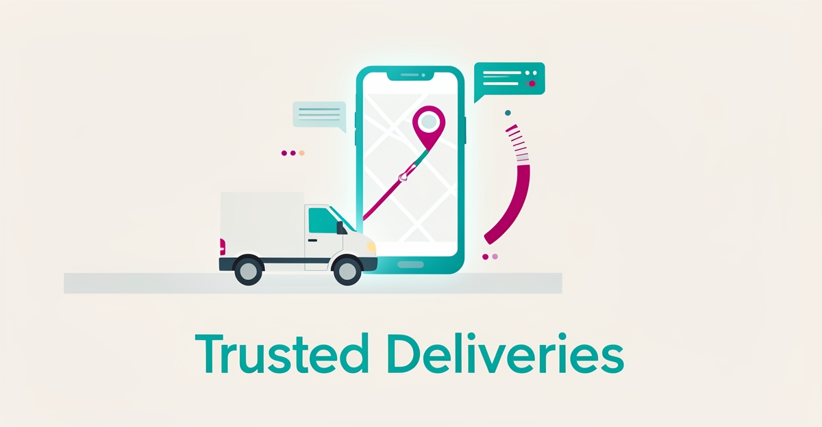Flat illustration of a delivery van approaching a smartphone showing a real-time tracking map with route and pin, accented in teal and magenta.