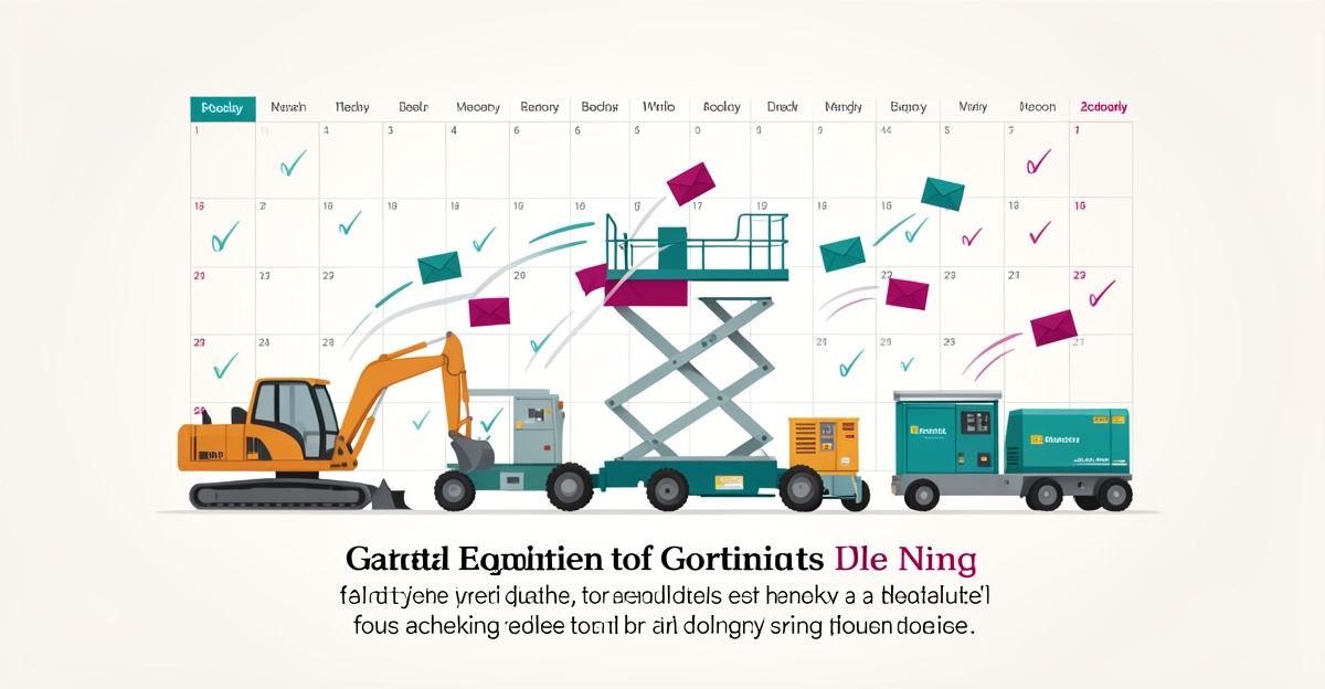 Flat illustration of rental equipment with calendar bookings and email icons in teal and magenta, headlined Booked Year-Round.