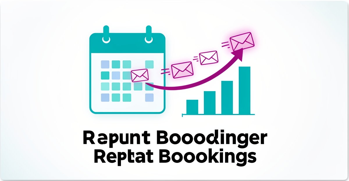 A minimalist flat illustration of a calendar sending automated emails that feed into a rising bar chart, symbolizing increased repeat bookings through follow-up sequences, with brand-colored accents.