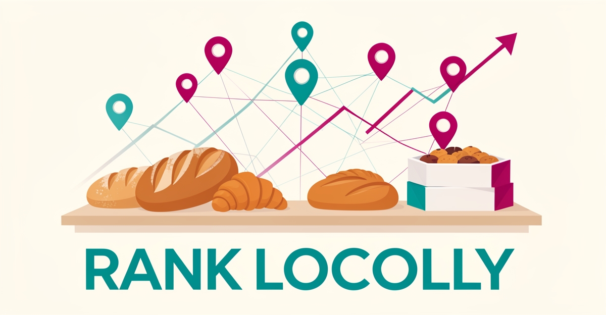 Flat illustration of wholesale bakery products with map pins symbolizing local search ranking, accented in teal and magenta.
