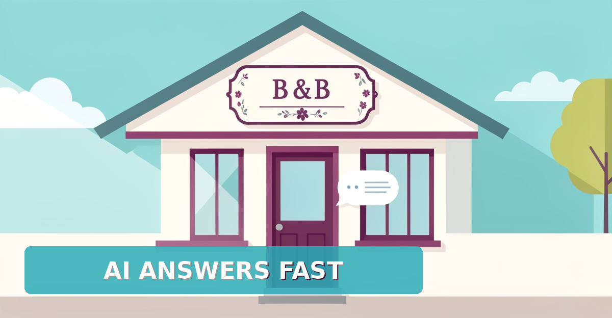 A minimalist flat illustration of a bed and breakfast with a glowing AI chat bubble near the door, using brand colors to symbolize fast response technology boosting bookings.