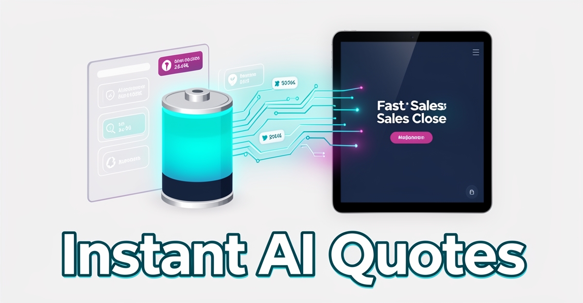 A battery connected to a digital interface generating an AI-powered quote on a tablet, symbolizing automated sales quoting for battery manufacturers, with brand color accents and minimalist modern design