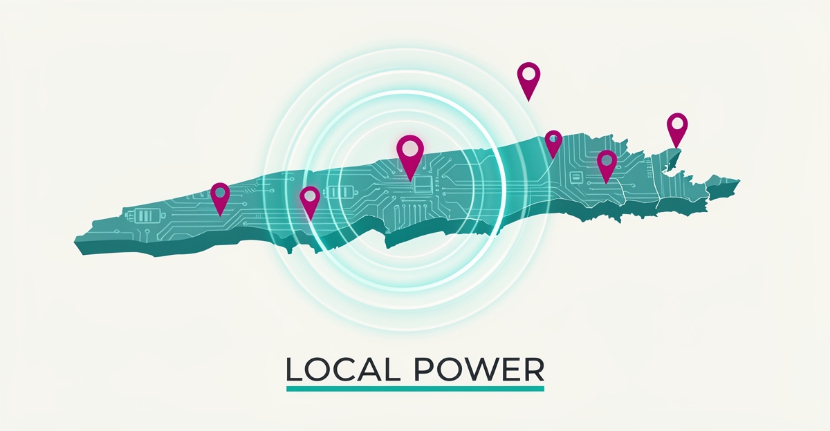 Flat illustration of a Nova Scotia map with glowing AI-generated service area pins and radius rings in teal and magenta, headlined Local Power.