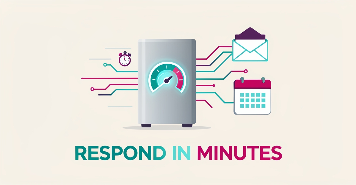 Flat illustration of a battery storage unit linked to a stopwatch, envelope, and calendar icons, symbolizing AI-powered instant lead response in minutes.