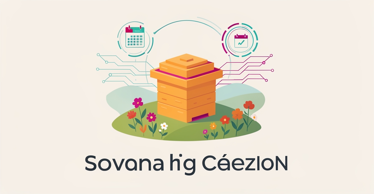 Flat illustration of a beehive with seasonal blooms and AI data lines representing automated seasonal content for Nova Scotia beekeepers.