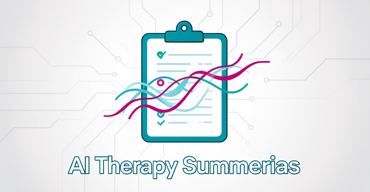 A minimalist flat illustration showing AI-generated therapy plan summaries as abstract data waves on a digital clipboard, with brand-colored accents and the headline 'AI Therapy Summaries' in the lower third.