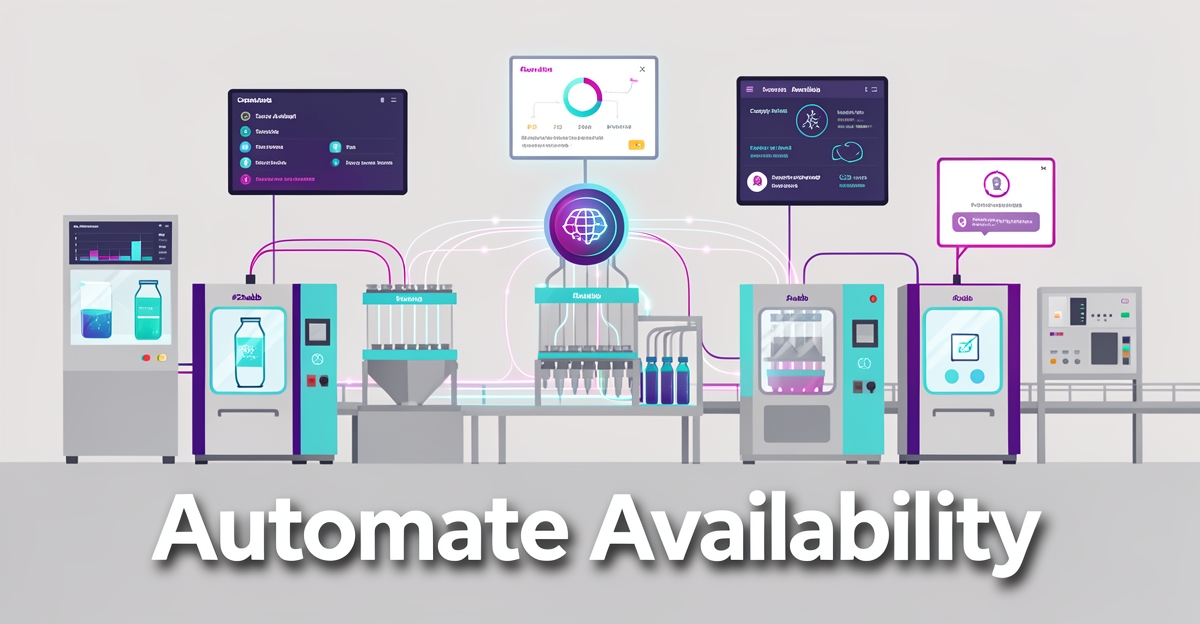 A clean modern flat illustration of an automated beverage production line with AI-driven service availability displays, using brand colors #2aabb6 and #d946ef, with the headline 'Automate Availability' in the lower third.