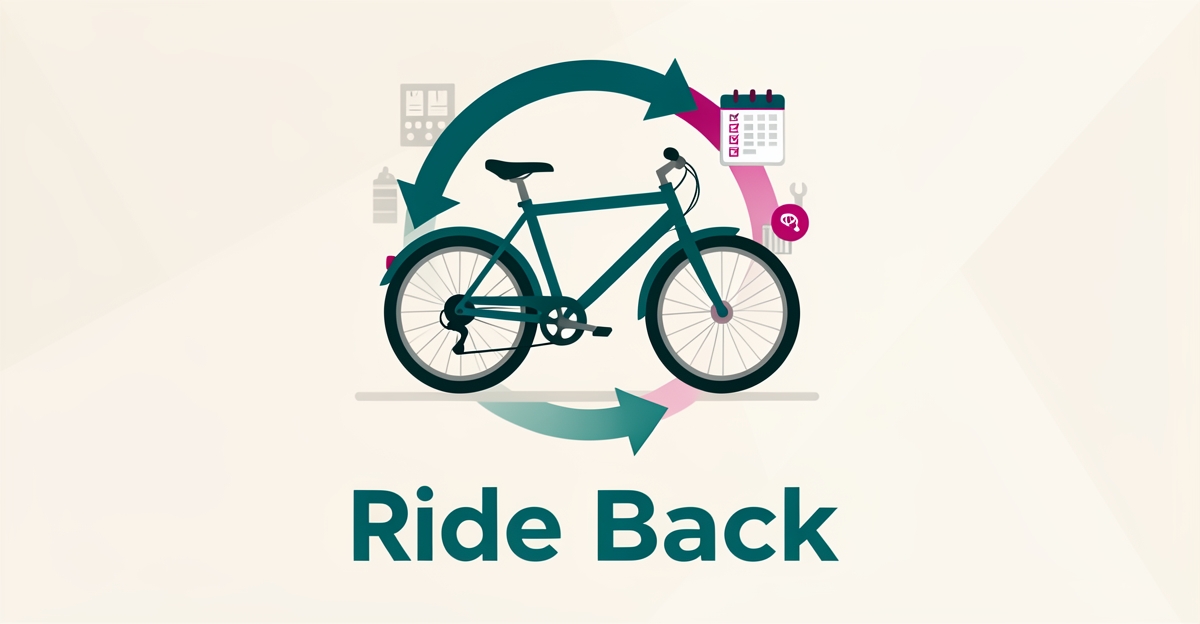 Flat illustration of a bicycle surrounded by a circular repeat arrow in teal and magenta, symbolizing customer loyalty and repeat service visits.