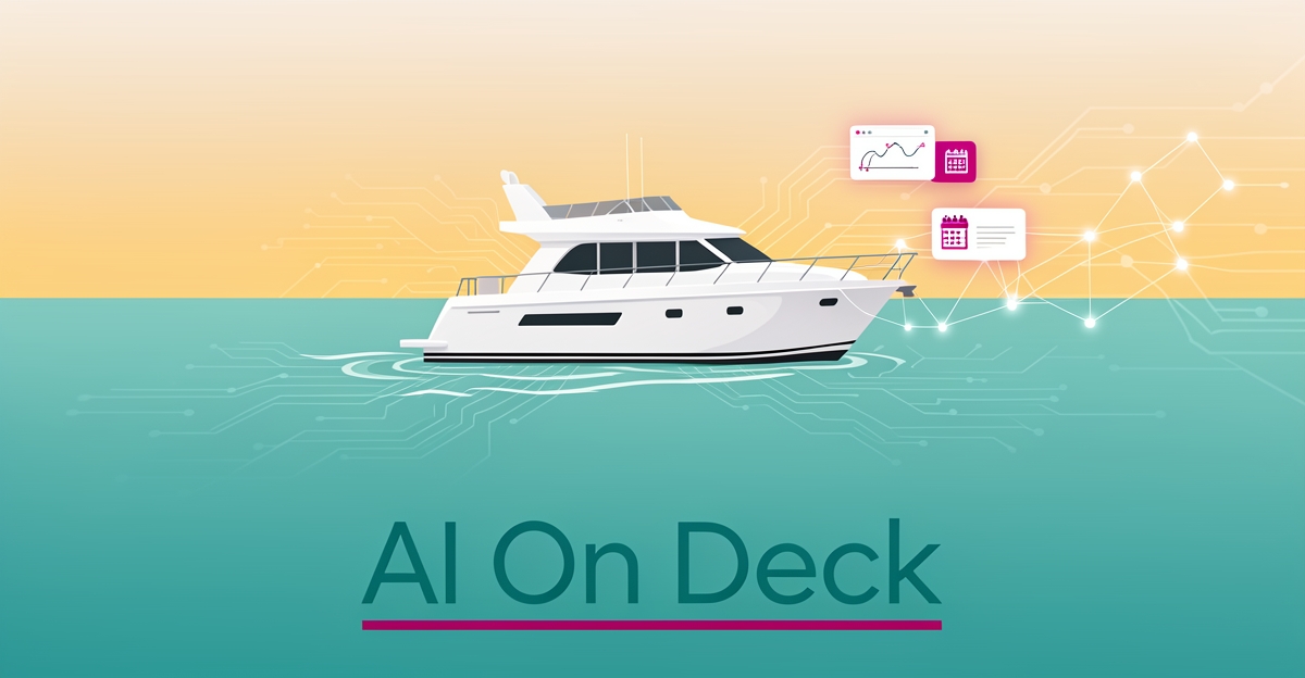 Flat illustration of a charter boat on teal water with AI circuit lines and floating itinerary cards, headlined AI On Deck.