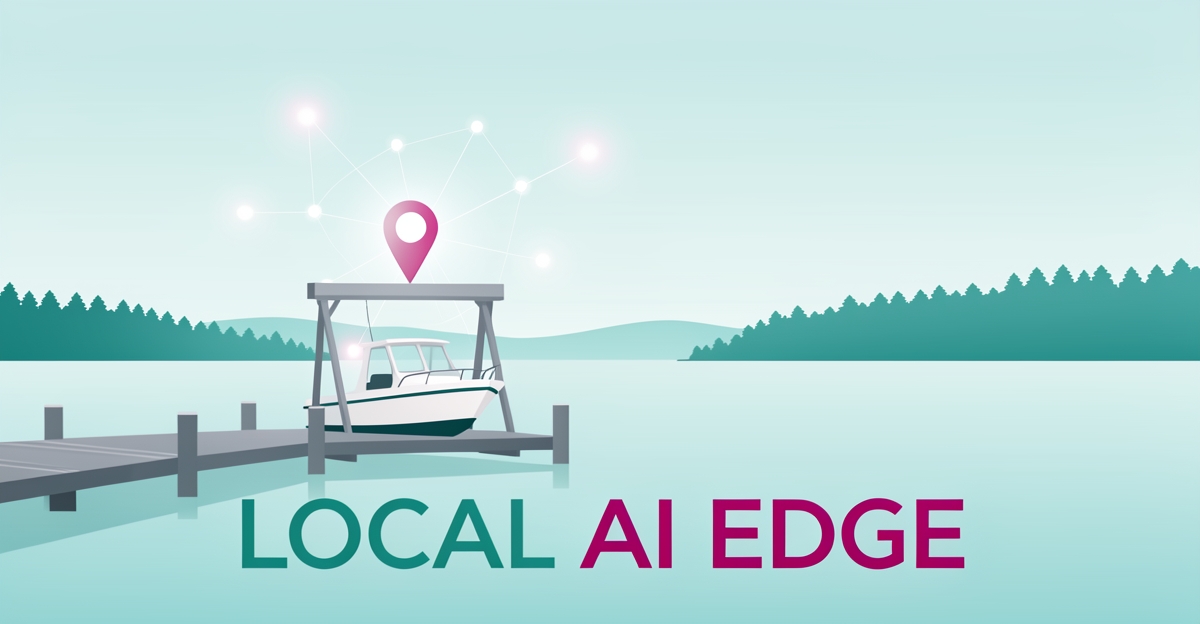 Flat illustration of a lakeside boat lift with glowing AI data nodes and a location pin, accented in teal and magenta.