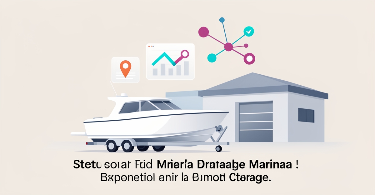 Flat illustration of a boat in storage with AI location pins and search ranking graphics in teal and magenta accents.