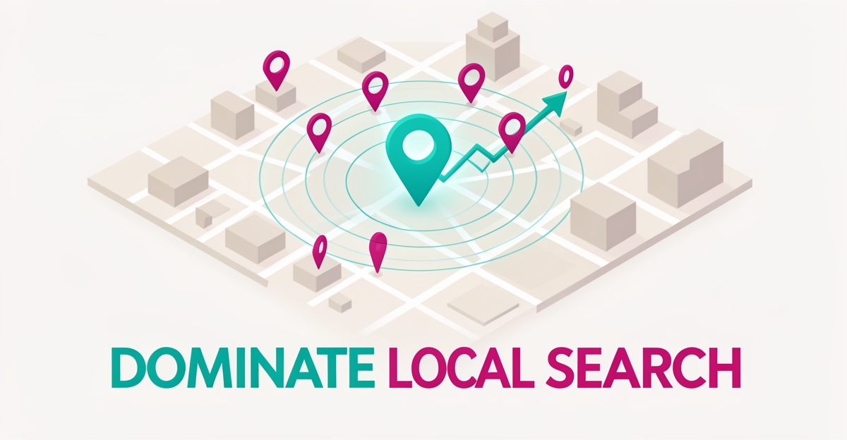 Flat illustration of a city map with glowing location pins and search radius circles representing local SEO dominance for auto body shops.