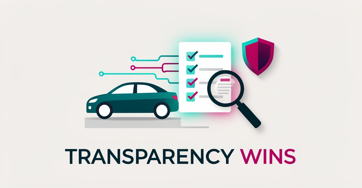 Flat illustration of a car beside a glowing transparency report icon with teal and magenta accents, symbolizing AI-driven trust in BHPH dealerships.