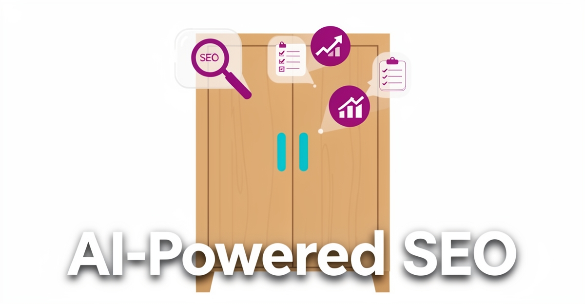 A minimalist flat illustration of a wooden cabinet with floating SEO icons in brand colors, accompanied by the headline 'AI-Powered SEO' in the lower third.