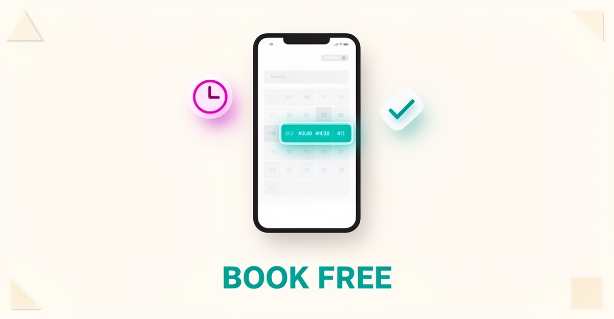 Flat illustration of a smartphone with a calendar booking interface in teal and magenta, headline reading Book Free.