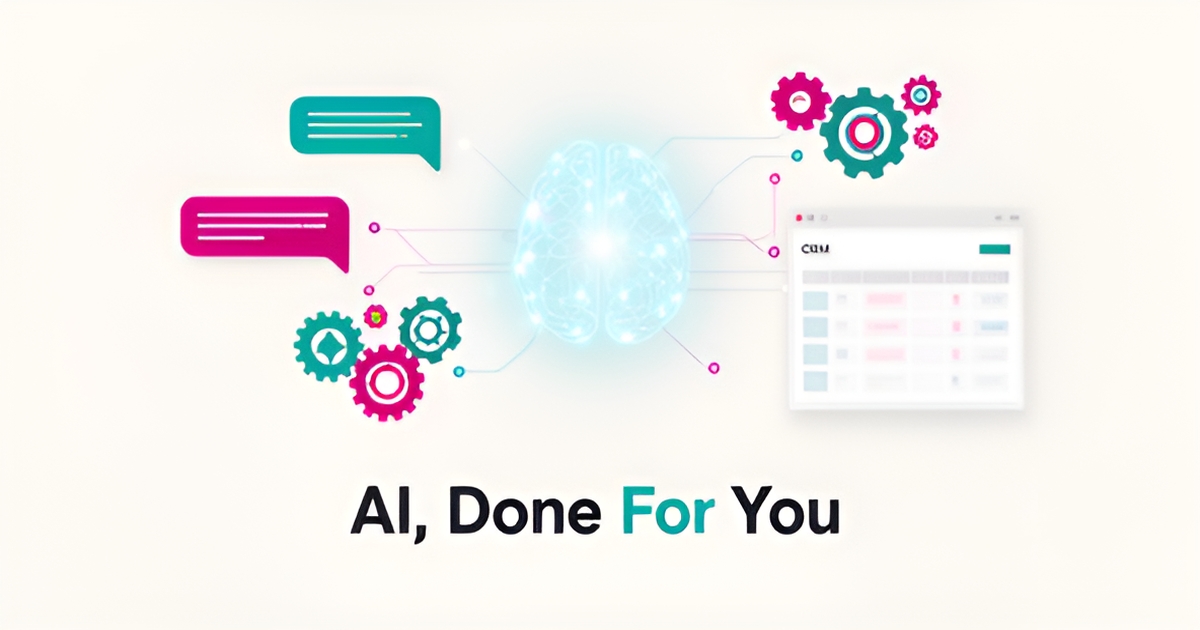 Flat illustration of a website interface connected to AI chat, CRM, and automation icons in teal and magenta brand colors.