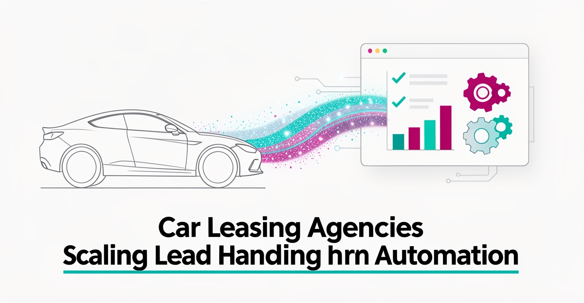Flat illustration of a car silhouette with automated lead streams flowing into a dashboard, symbolizing scaled leasing lead management.