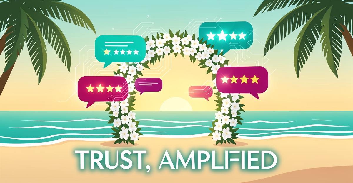 Flat illustration of a Caribbean beach wedding arch with floating AI testimonial bubbles and star ratings in teal and magenta, headlined Trust, Amplified.