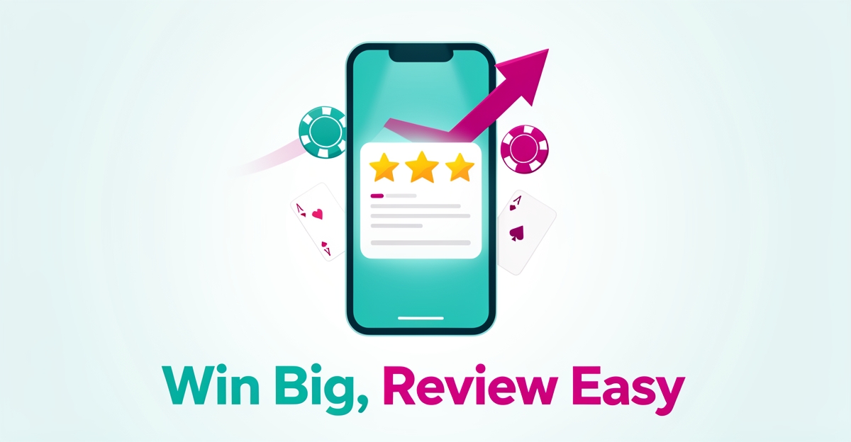 Flat illustration of a smartphone showing a five-star review with casino chips and a rising arrow in teal and magenta accents.