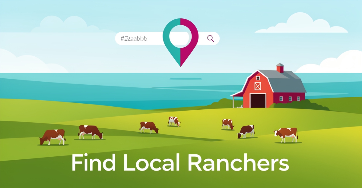 Flat illustration of a Nova Scotia cattle ranch with pasture, barn, and a map pin symbolizing local search visibility for farming families.