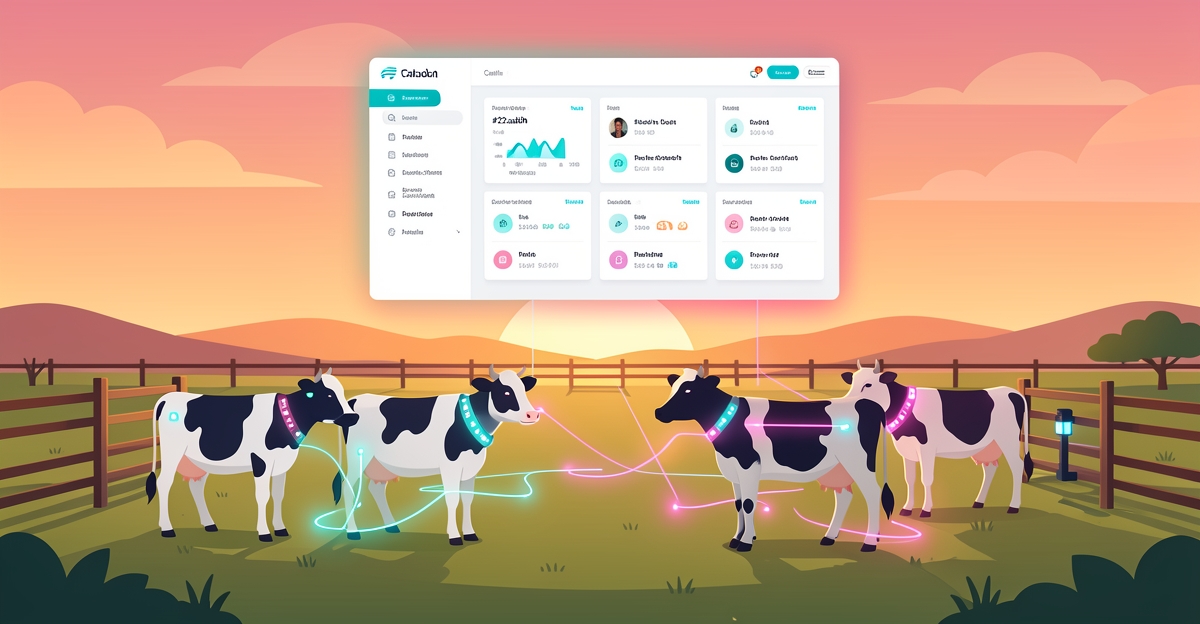 A modern flat illustration of a smart cattle ranch with AI-powered sensors and automated systems, featuring the headline 'AI Runs the Ranch' in the lower third as a magazine-style graphic.