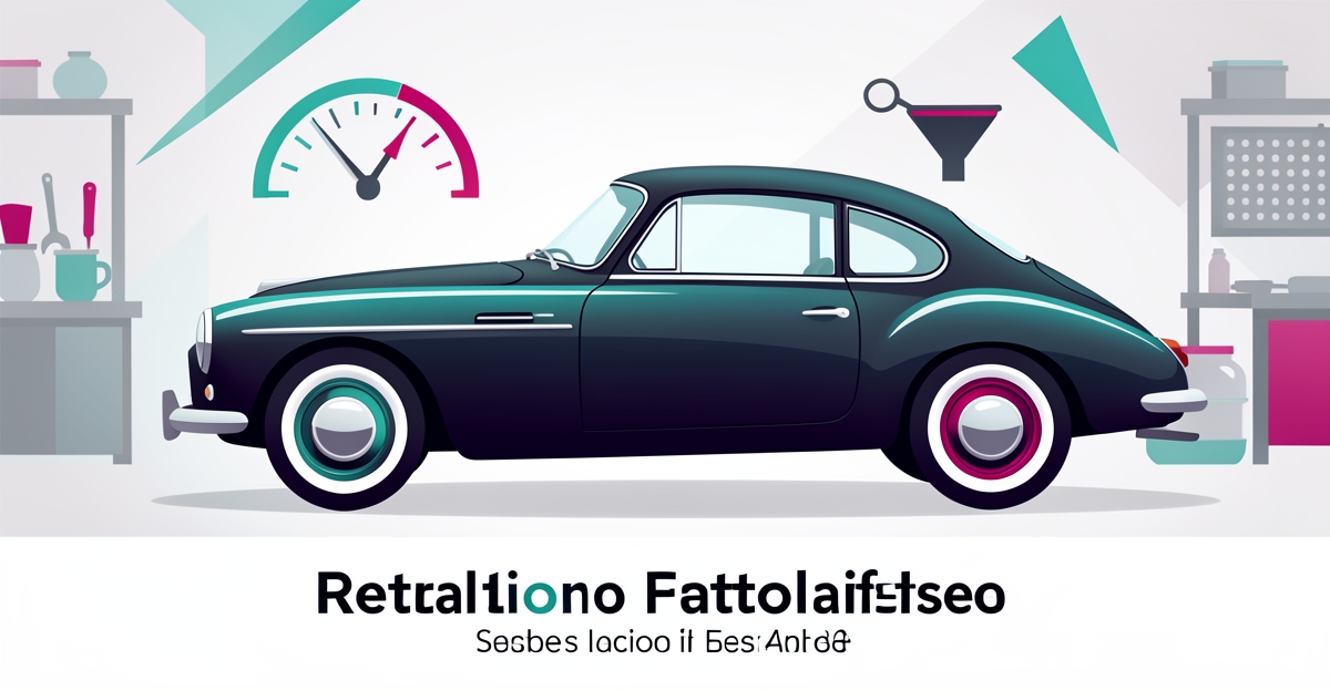 Flat illustration of a classic car in a restoration workshop with digital lead-generation icons and teal and magenta brand accents.