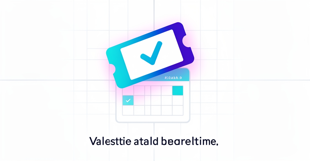 A minimalist flat illustration of a valet ticket with a checkmark over a calendar, symbolizing transparent pricing leading to booked events, with brand color accents.