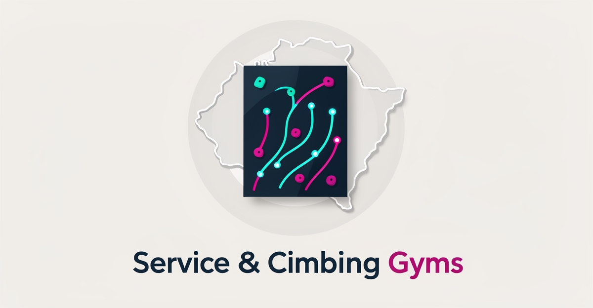 Flat illustration of a climbing wall with abstract service area zones showing map-free location display for climbing gyms.