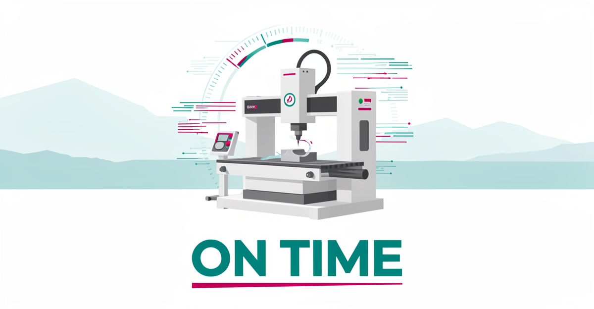 Flat illustration of a CNC machine with digital tracking data streams and a delivery timeline, headlined On Time.