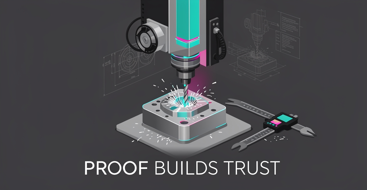 Flat illustration of a CNC milling machine cutting a precision metal part with teal and magenta accents and the headline Proof Builds Trust.