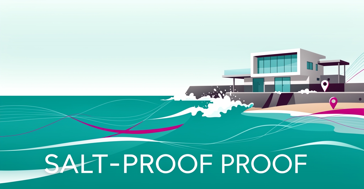 Flat illustration of a coastal composite seawall withstanding salt spray, accented in teal and magenta with abstract data elements.