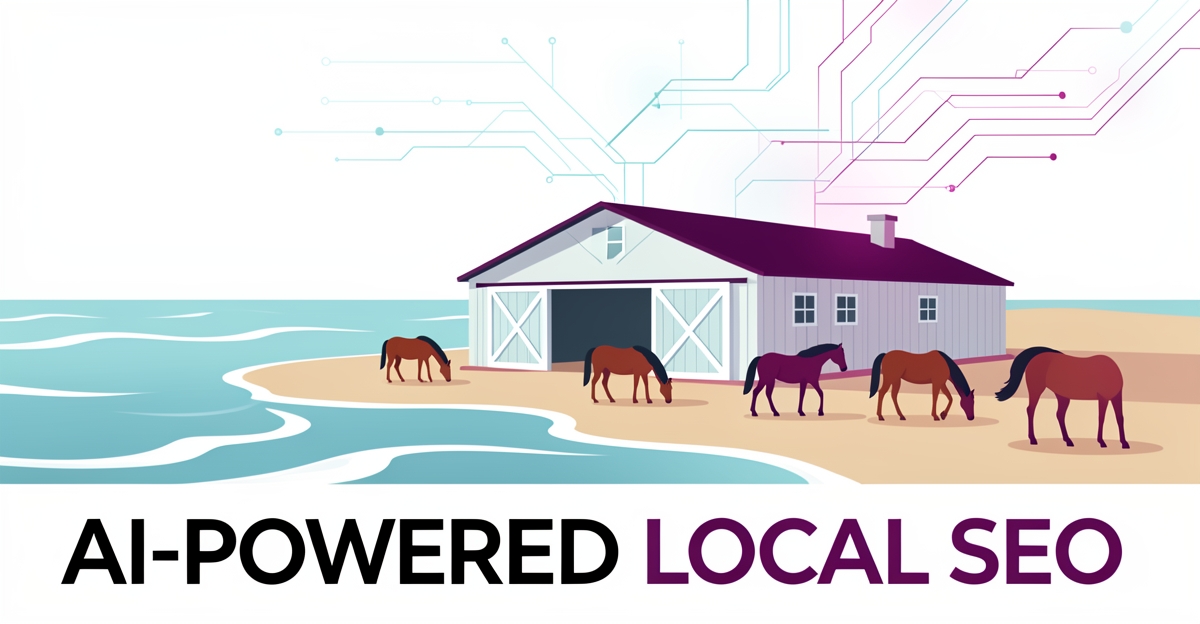 A minimalist flat illustration of a coastal stable with horses by the sea, featuring AI-inspired data accents in brand colors, with the headline 'AI-Powered Local SEO' in the lower third