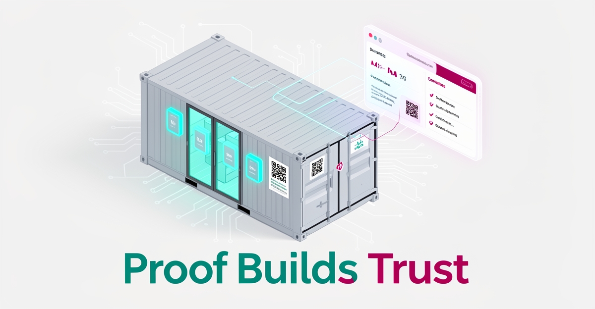 Isometric illustration of refrigerated container with IoT sensors and holographic compliance dashboard showing real-time cold chain monitoring.