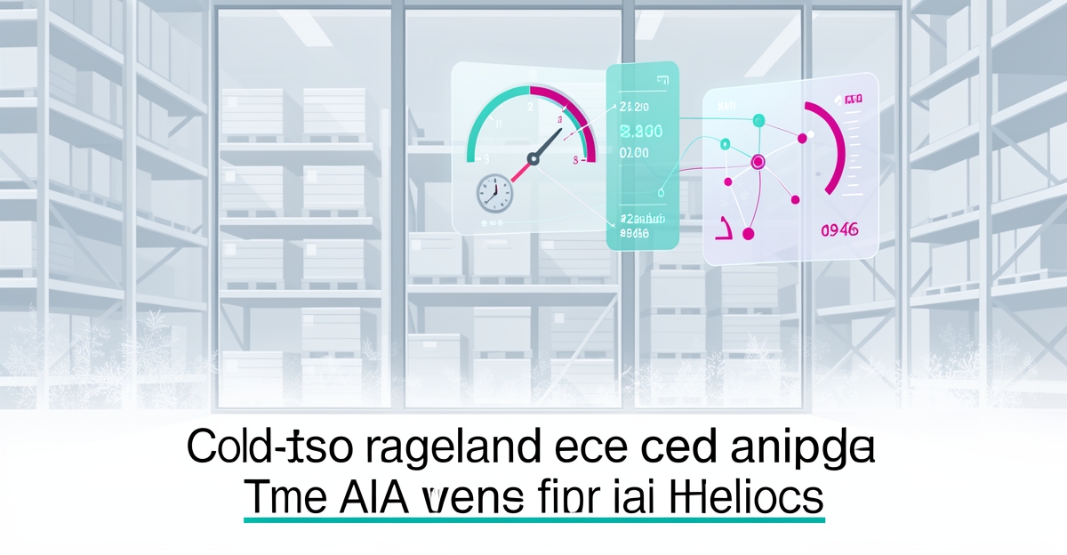 Flat illustration of a frosty cold storage warehouse with AI-driven live temperature data panels in teal and magenta accents.