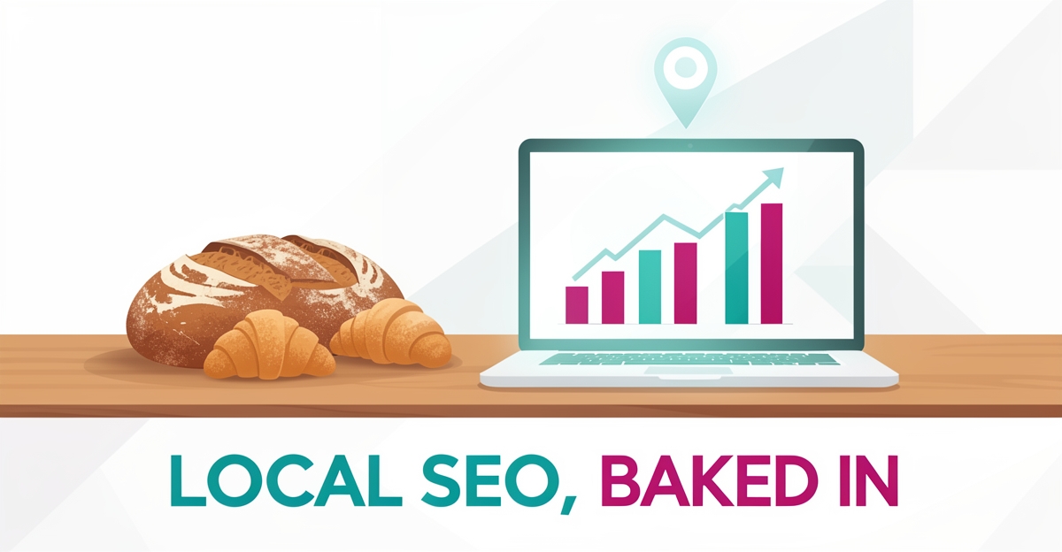 Flat illustration of bakery bread beside a laptop showing a rising search graph and map pin, symbolizing AI-driven local SEO for Halifax bakeries.